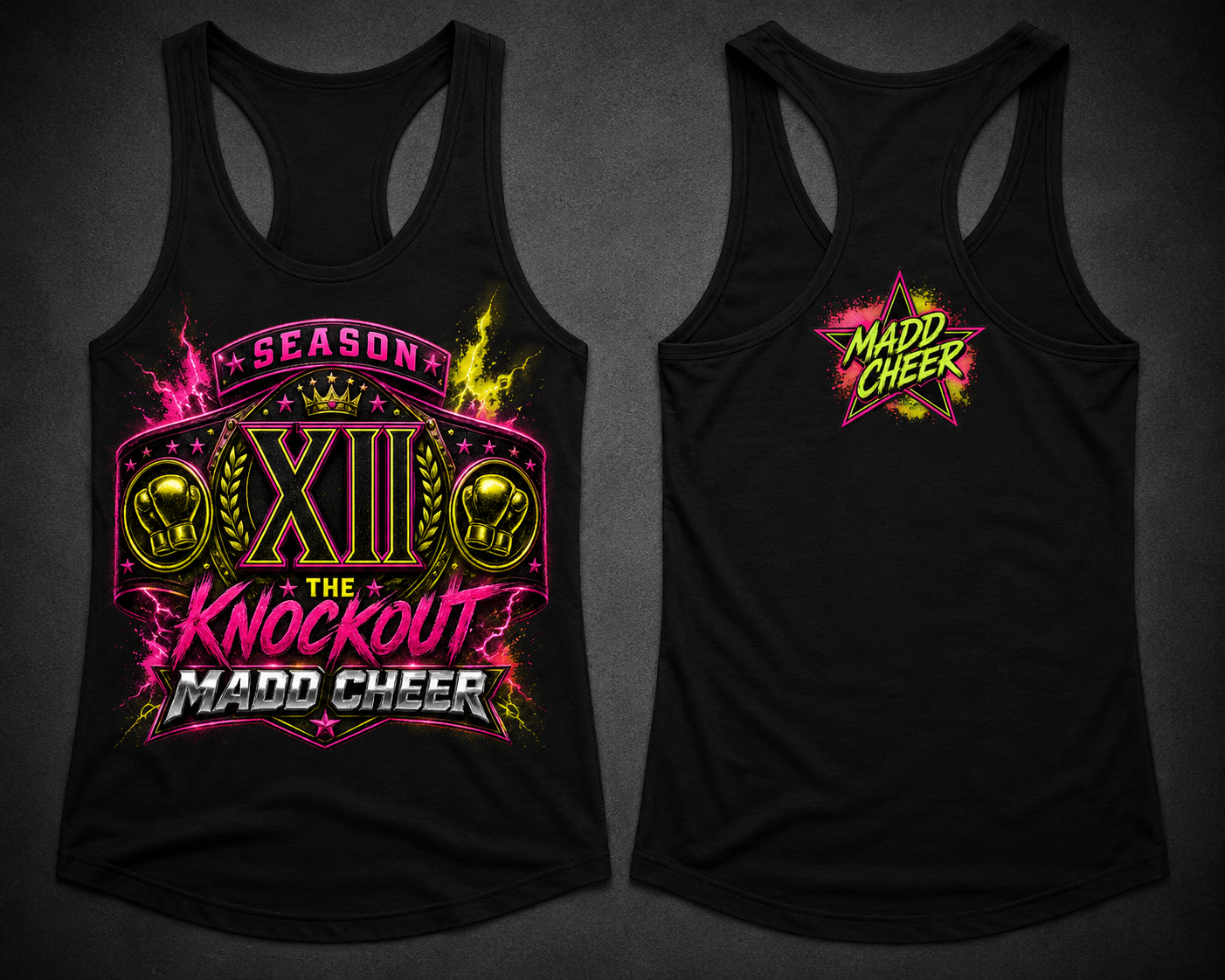 Black tank top with colorful 'Madd Cheer' graphics on a dark background